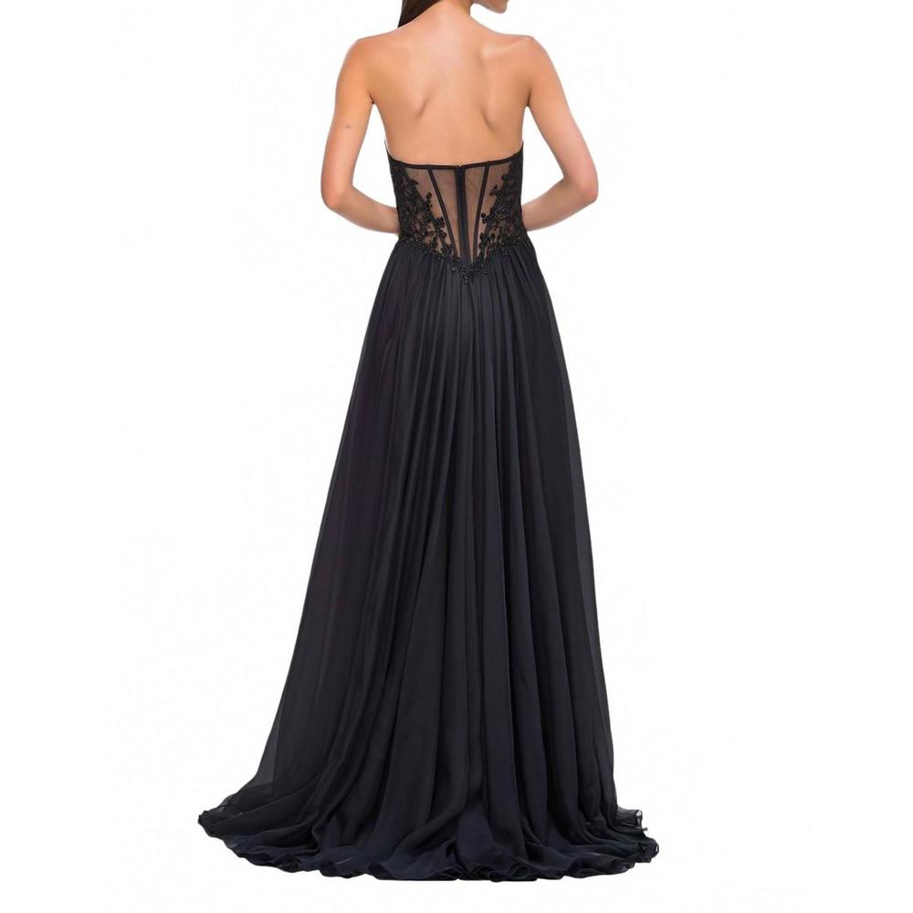 La Femme Black Strapless Lace Bodice Prom Gown with High Slit - Picture 3 of 7